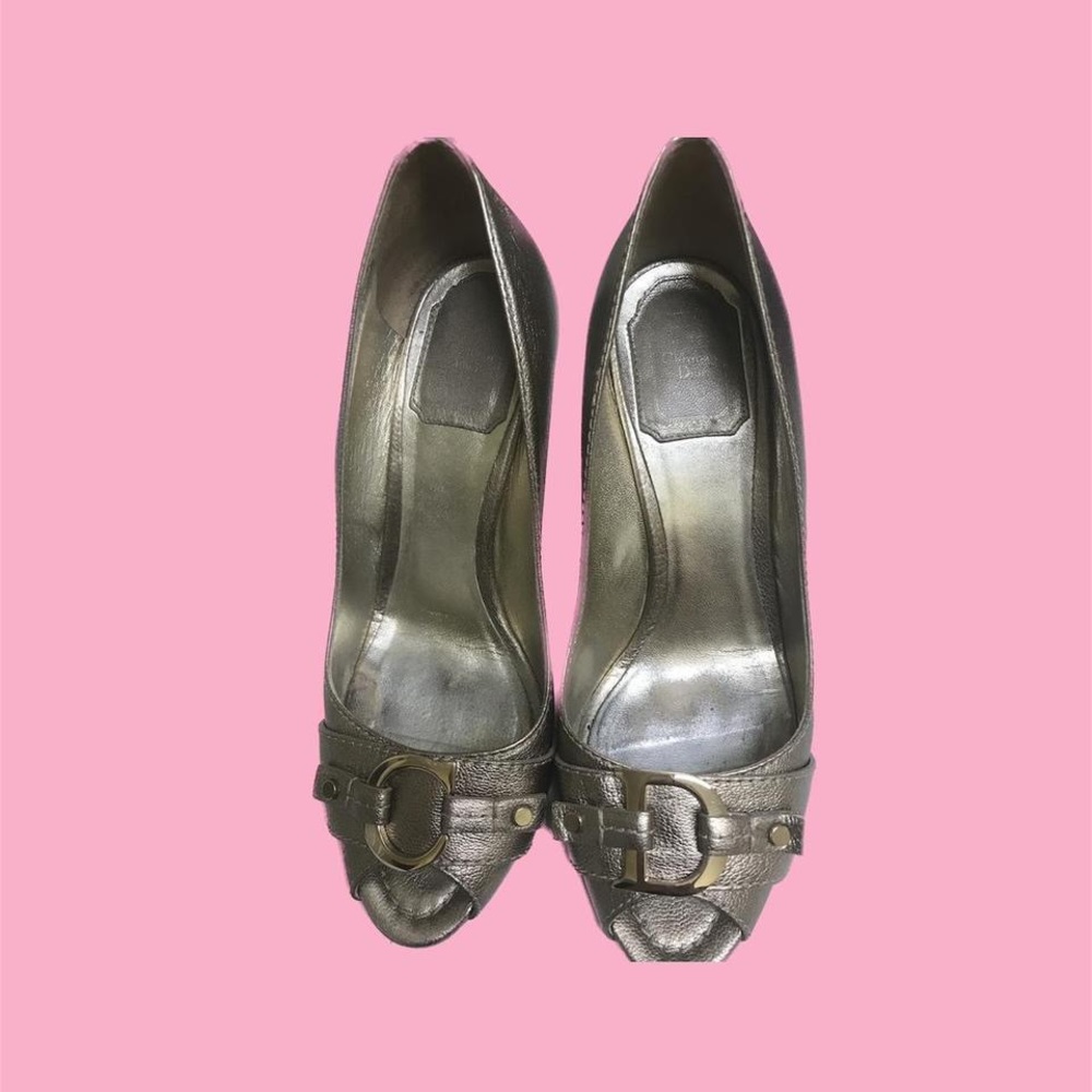 Christian Dior Leather Metallic Peep Toe Pumps